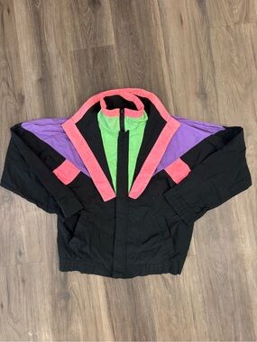 Jordache Black Windbreaker with Neon Green & Red Accents